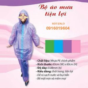 xưởng may áo mưa bộ tiện lợi nylon dùng 1 lần. cung cấp áo mưa tiện lợi dạng bộ có quần và áo , rất tiện sử dụng khi trời mưa, các mẫu áo mưa giấy bộ có nhiều màu sắc lựa chọn, mix màu áo mưa theo yêu cầu. khách hàng có nhu cầu nhập áo mưa bộ phương tiện liên hệ 0916019604. Công ty sản xuất áo mưa Hoa Nguyên