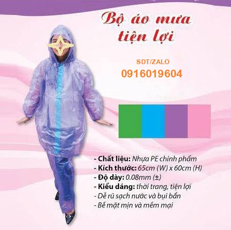 xưởng may áo mưa bộ tiện lợi nylon dùng 1 lần. cung cấp áo mưa tiện lợi dạng bộ có quần và áo , rất tiện sử dụng khi trời mưa, các mẫu áo mưa giấy bộ có nhiều màu sắc lựa chọn, mix màu áo mưa theo yêu cầu. khách hàng có nhu cầu nhập áo mưa bộ phương tiện liên hệ 0916019604. Công ty sản xuất áo mưa Hoa Nguyên